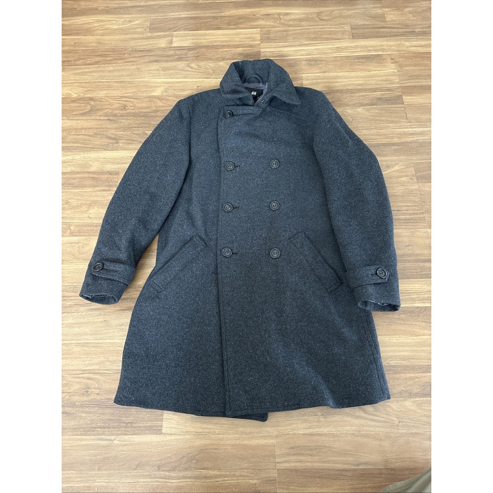 H&M Mens Gray Wool Blend Double Breasted Overcoat Parka 38R
